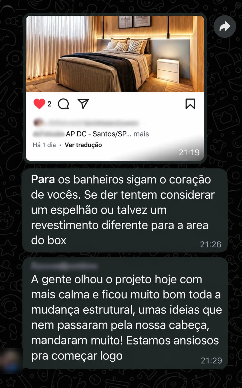 Conversa de WhatsApp: o cliente elogia o projeto e a mudança estrutural